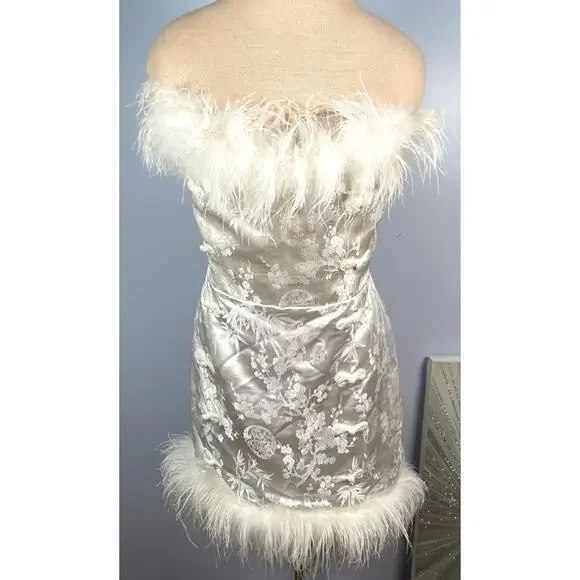 Sau Lee Jayde Sateen Jacquard Feather Hem Ivory White Mini Dress Size 14 - Picture 3 of 13